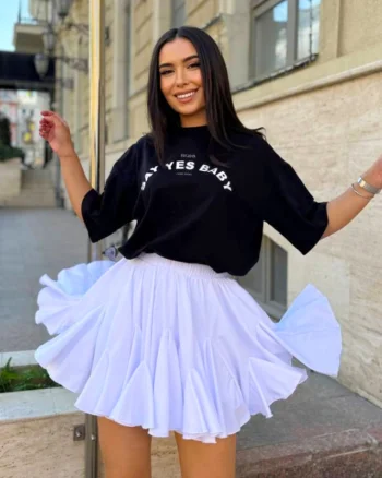 Fusta pantaloni cu volane, TWIST, croiala scurta cu volum, Alb