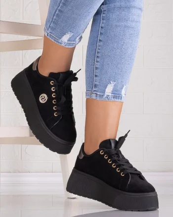 Sneakers dama cu platforma Negri din Piele Ecologica Intoarsa Masega