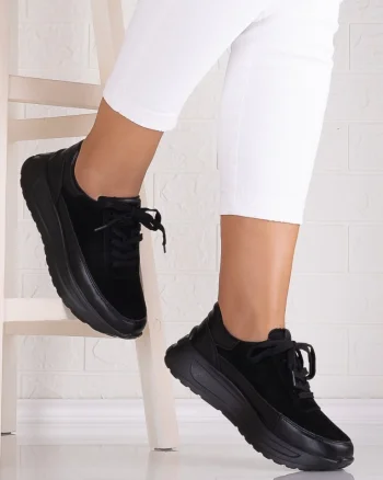 Pantofi dama casual Negri din Piele Naturala Intoarsa Morela