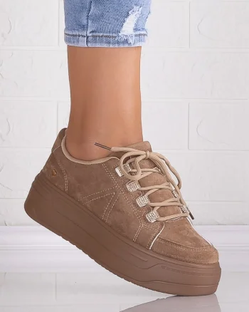 Sneakers dama cu platforma Khaki din Piele Ecologica Intoarsa Davena