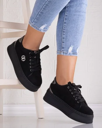 Sneakers dama cu platforma Negri din Piele Ecologica Intoarsa Zenda