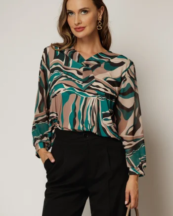 Bluza eleganta cu imprimeuri maro si verzi cu brosa la decolteu