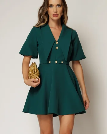 Rochie scurta verde cu guler ascutit si nasturi