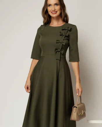 Rochie DY Fashion kaki cu funde pe bust si maneci trei sferturi