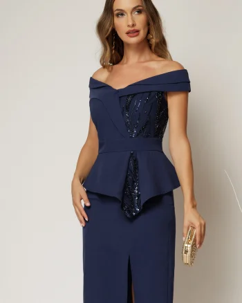 Rochie Roberta bleumarin de ocazie cu peplum si paiete