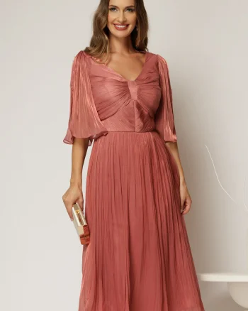 Rochie eleganta roz midi din voal peliculizat cu maneci ample
