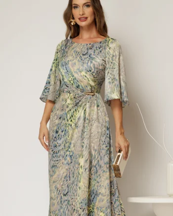 Rochie eleganta midi turcoaz cu imprimeu multicolor din voal plin cu accesoriu in talie