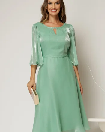 Rochie eleganta verde din voal peliculizat cu decolteu cu decupaj
