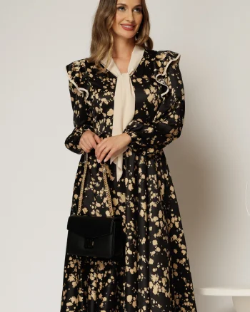 Rochie midi neagra cu imprimeuri bej si guler tip esarfa