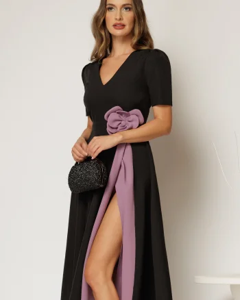 Rochie DY Fashion midi neagra de ocazie cu floare mov in talie