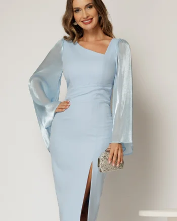 Rochie DY Fashion midi bleu cu maneci din voal ample si decolteu asimetric
