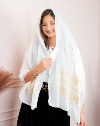 Marama traditionala alba cu broderie geometrica aurie Ramona 03