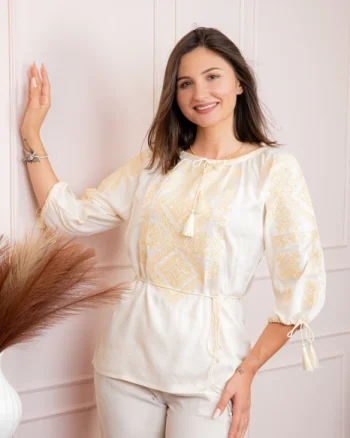 Bluza tip ie crem cu motiv geometric auriu Ana