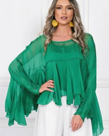 Bluza din matase naturala si vascoza cu volane tip cascada, croi lejer, verde smarald
