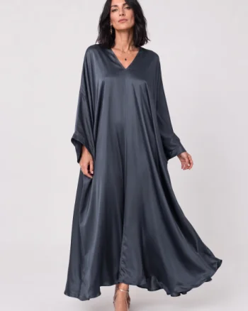 Rochie lunga tip caftan din satin cu matase si vascoza - gri