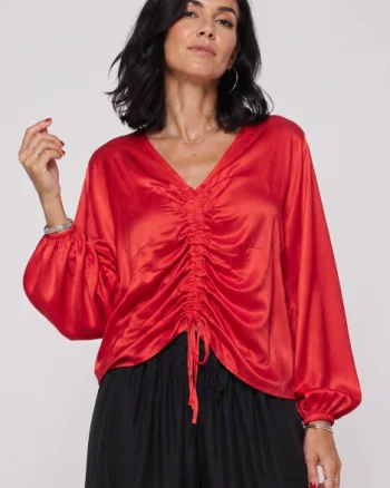 Bluza dama eleganta din satin de matase si vascoza cu fronseu reglabil - rosie