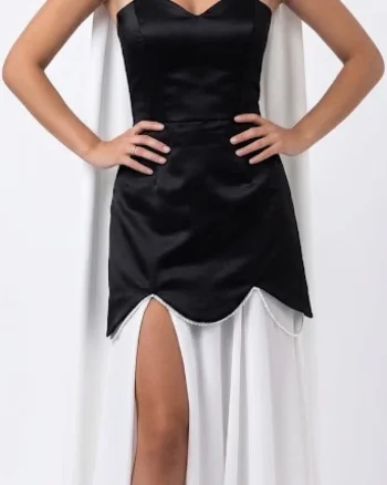 Rochie de seara black&white cu corset satinat si sal fluid