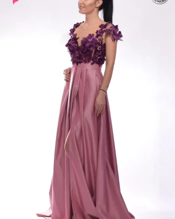 Rochie de seara lunga din tafta cu flori 3D