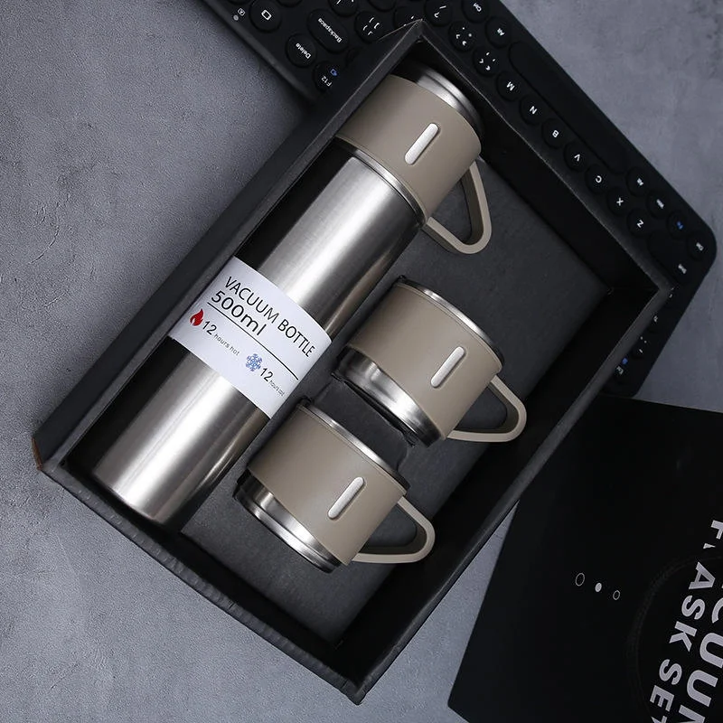 Set Cadou Termos Premium 500 ml + 3 Cani din Inox, TRM012, Inox / Crem