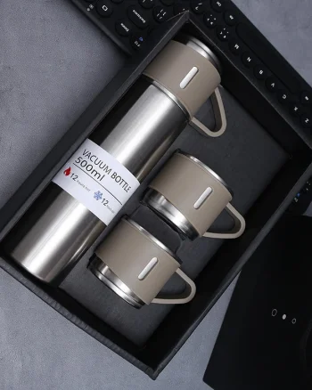 Set Cadou Termos Premium 500 ml + 3 Cani din Inox, TRM012, Inox / Crem