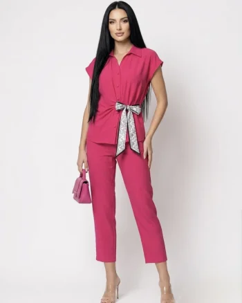 Compleu dama format din doua piese pantaloni vaporosi si camasa cu design deosebit