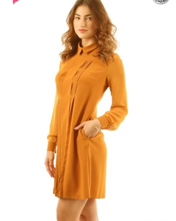 Rochie office LaDonna mustar croita in A cu pense si buzunare