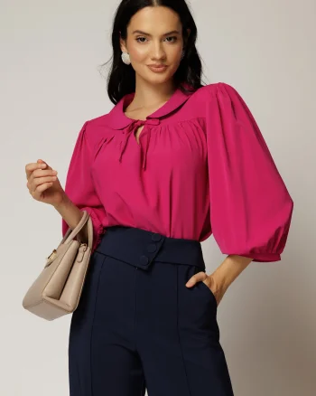 Bluza magenta cu guler rotund si snur la gat