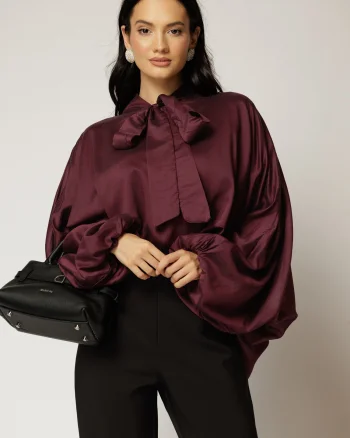 Camasa mov din tencel cu maneca ampla si guler tip esarfa