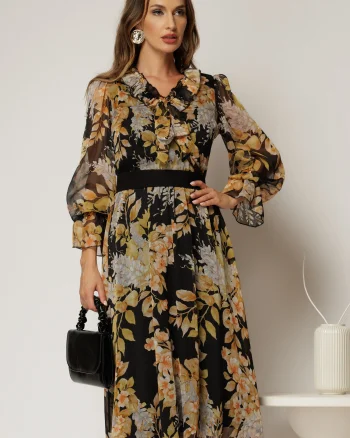 Rochie midi neagra din voal cu imprimeuri bej si funda la decolteu