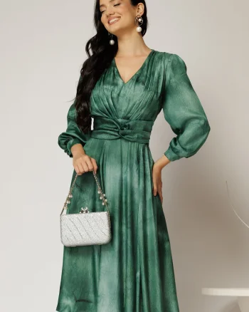 Rochie Gina midi verde din voal cu sidef in clos