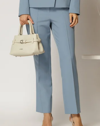Pantaloni office bleu cu croi conic si inchidere cu nasturi