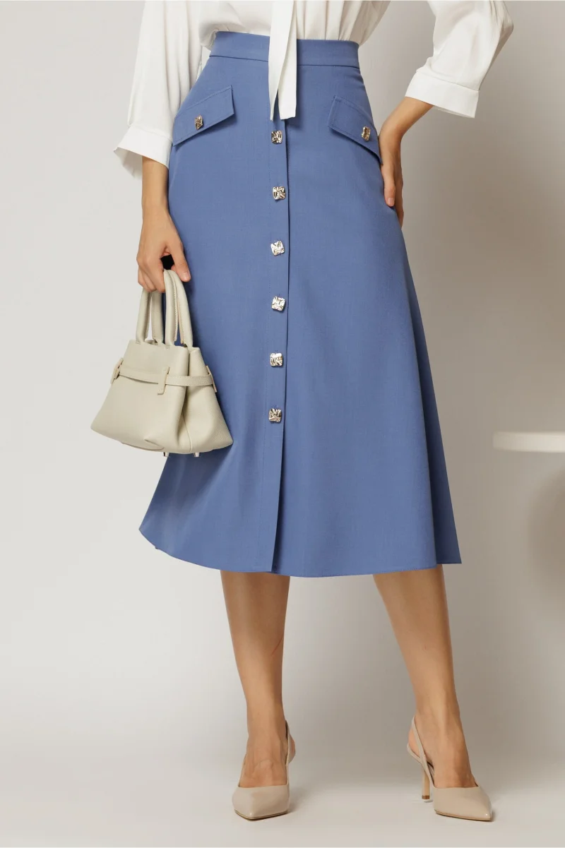 Fusta DY Fashion albastra midi clos cu nasturi si capace