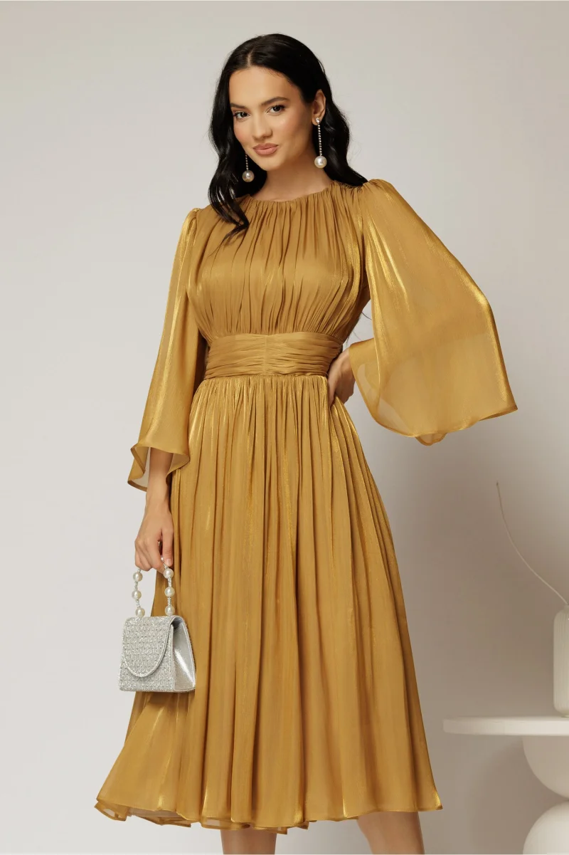 Rochie DY Fashion midi aurie din voal peliculizat cu maneci ample