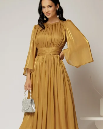 Rochie DY Fashion midi aurie din voal peliculizat cu maneci ample