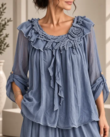 Bluza din matase si vascoza cu volan si dantela aplicata, albastru jeans usor prespalat