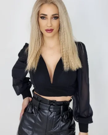 Top scurt Katarina, cu maneci bufante, Negru, Marime universala S/M