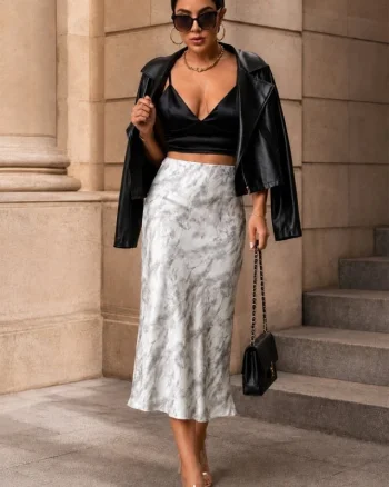 Fusta midi satinata CRESSIDA, croiala pe bie si imprimeu marmorat, Alb, Marime S/M