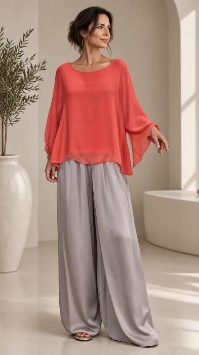 Bluza din matase si vascoza cu maneca clopot, portocaliu-corai