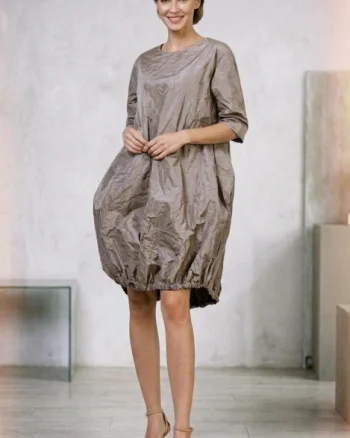 Rochie midi cu volum tip balon din tafta cu memorie, grej