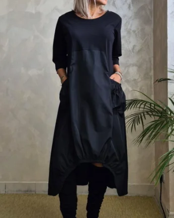 Rochie midi oversize cu itafta si croi asimetric, negru