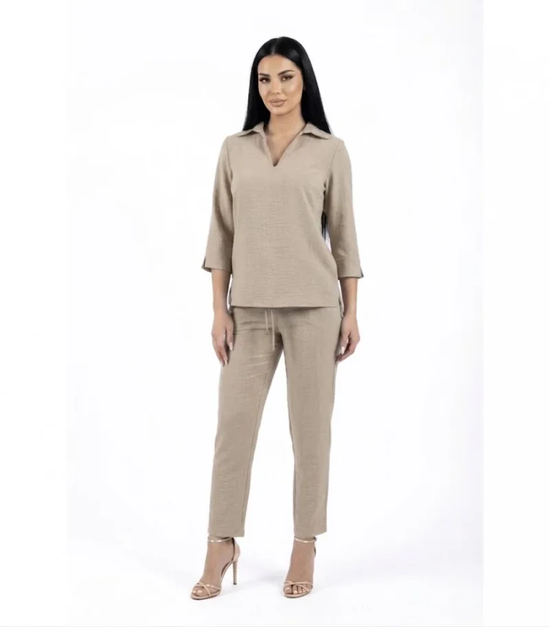 Pantalon casual bej din vascoza cu buzunare laterale si snur reglabil