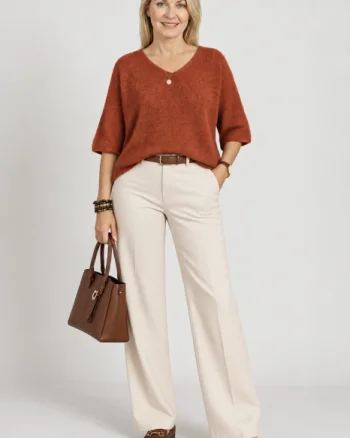 Pulover pufos cu alpaca, oversize cu maneca fluture, caramiziu