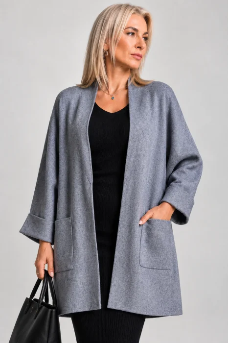 Cardigan lung oversize din vascoza, cu buzunare aplicate si croi amplu, gri