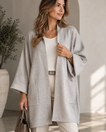 Cardigan lung oversize din vascoza, cu buzunare aplicate si croi amplu, bej