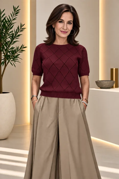 Pulover dama cu maneca scurta si model ajurat geometric, bordo