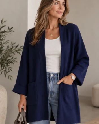 Cardigan lung oversize din vascoza, cu buzunare aplicate si croi amplu, bleumarin