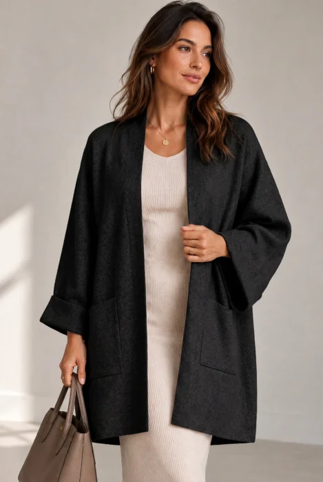 Cardigan lung oversize din vascoza, cu buzunare aplicate si croi amplu, negru