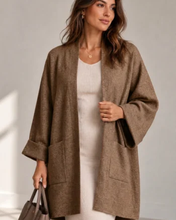 Cardigan lung oversize din vascoza, cu buzunare aplicate si croi amplu, camel