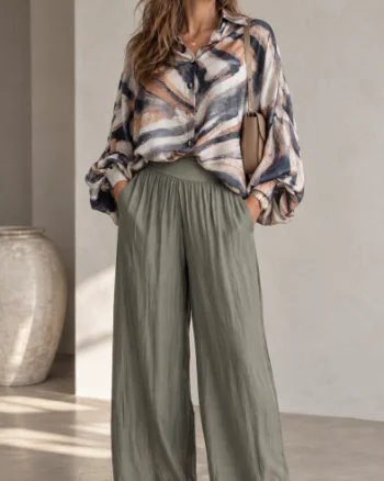 Pantaloni palazzo dama eleganti, largi, din matase si vascoza cu dublura, kaki
