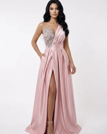 Rochie eleganta din tafta roz prafuit cu broderie si pene